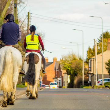 Two people riding their horse down the road.